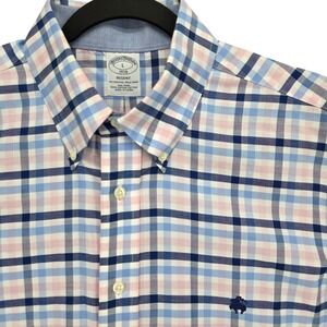 Brooks Brothers Men Large Regent Button Down Shirt Blue Pink Plaid Supima Cotton